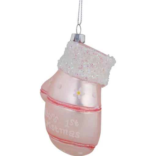 Online 4" Baby's 1st Christmas Pink Mitten Glass Ornament New Baby