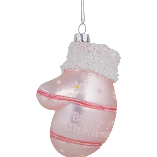 Online 4" Baby's 1st Christmas Pink Mitten Glass Ornament New Baby