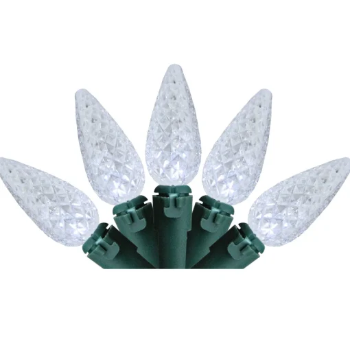Sale 35 Battery Operated White Faceted LED C6 Christmas Lights - 11 ft Green Wire C5 & C6 Lights