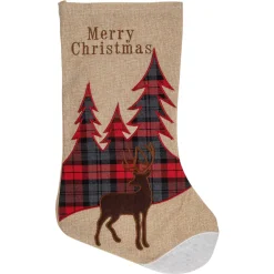 19" Beige and Red Plaid Reindeer With Forest Trees Christmas Stocking Stockings