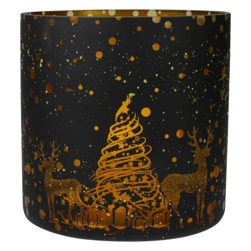 Hot 6" Black and Gold Deer and Pine Trees Flameless Glass Candle Holder Candle Holders