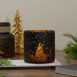 Hot 6" Black and Gold Deer and Pine Trees Flameless Glass Candle Holder Candle Holders