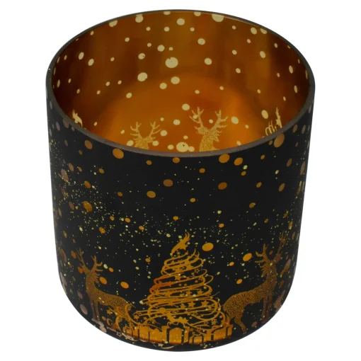 Hot 6" Black and Gold Deer and Pine Trees Flameless Glass Candle Holder Candle Holders
