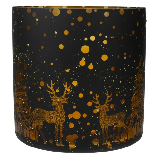 Hot 6" Black and Gold Deer and Pine Trees Flameless Glass Candle Holder Candle Holders