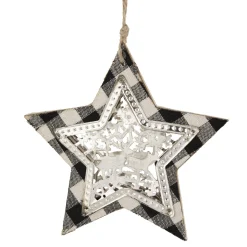 Sale 5" Black and White Buffalo Plaid Star with Reindeer Christmas Ornament Symbols