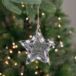 Sale 5" Black and White Buffalo Plaid Star with Reindeer Christmas Ornament Symbols