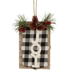 New 4.75" Black and White Buffalo Plaid "Joy" Pinecone Christmas Sign Ornament Novelty