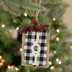 New 4.75" Black and White Buffalo Plaid "Joy" Pinecone Christmas Sign Ornament Novelty