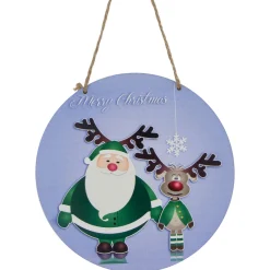 Outlet 8" Blue and Green Santa and Reindeer "Merry Christmas" Disc Ornament Disk Ornaments