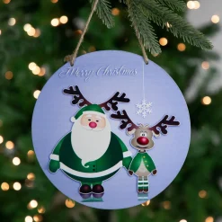 Outlet 8" Blue and Green Santa and Reindeer "Merry Christmas" Disc Ornament Disk Ornaments