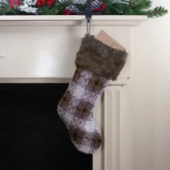 18" Brown and White Buffalo Plaid Christmas Stocking Stockings
