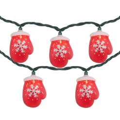 10 Count Red Snowflake Mitten Christmas Light Set, 7.5ft Green Wire Novelty