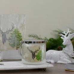 New 4" Deer, Pine and Snowflakes Hand Painted Flameless Glass Candle Lantern Flameless Candles