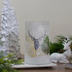 Hot 10" Deer, Pine and Snowflakes Hand Painted Flameless Glass Christmas Candle Holder Candle Holders