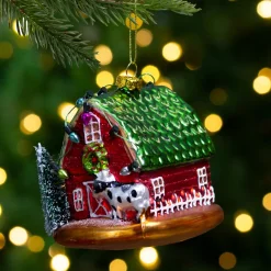 Sale 4" Festive Red and Green Barn with Roof Glass Christmas Ornament Novelty