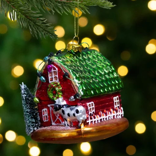 Sale 4" Festive Red and Green Barn with Roof Glass Christmas Ornament Novelty
