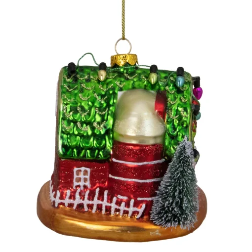 Sale 4" Festive Red and Green Barn with Roof Glass Christmas Ornament Novelty