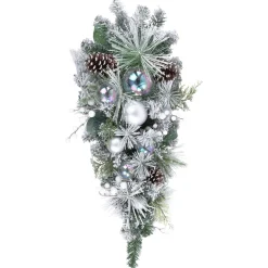 Discount 30" Flocked Pine Artificial Christmas Teardrop Swag with Iridescent Ornaments - Unlit Unlit Swags