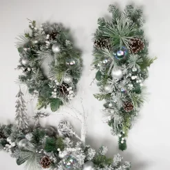 Discount 30" Flocked Pine Artificial Christmas Teardrop Swag with Iridescent Ornaments - Unlit Unlit Swags