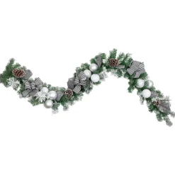 6' Frosted Pine Artificial Christmas Garland with Striped Bows and Ornaments Pre Decorated
