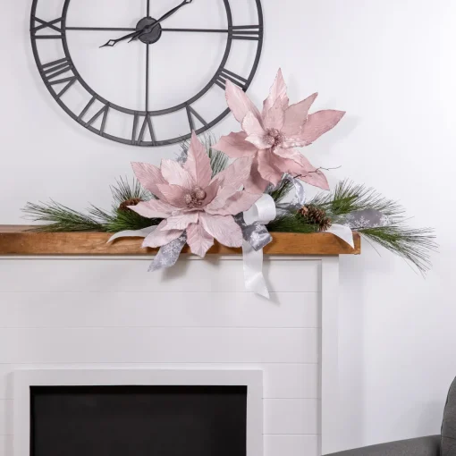 Hot 24" Glittered Pink Poinsettia Christmas Stem Spray Sprays, Picks & Branches