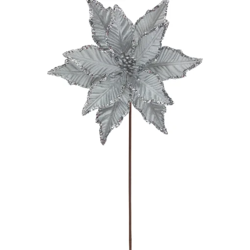 Discount 25" Glittered Silver Poinsettia Christmas Stem Spray Sprays, Picks & Branches