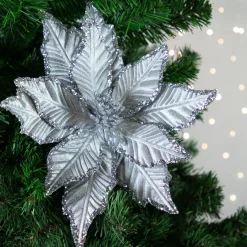 Discount 25" Glittered Silver Poinsettia Christmas Stem Spray Sprays, Picks & Branches