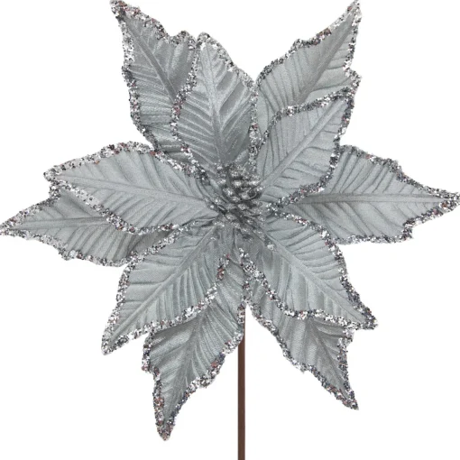 Discount 25" Glittered Silver Poinsettia Christmas Stem Spray Sprays, Picks & Branches