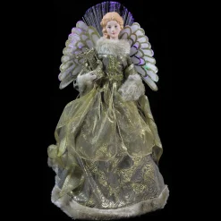 Clearance 16" Gold and Brown Lighted Angel in Gown with Harp Christmas Tree Topper Angels