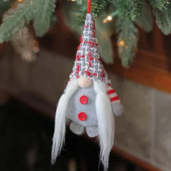 6" Gray and Red Plaid Santa's Helper Gnome Hat Christmas Ornament Gnomes