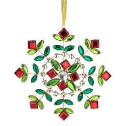 6.5" Green and Red Gem Stone Flowers Snowflake Christmas Ornament Icicles|Snowflakes