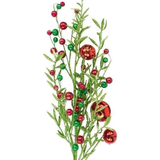 Best 32" Green and Red Jingle Bells and Berry Artificial Glitter Christmas Spray Sprays, Picks & Branches