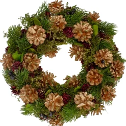 Clearance 12" Green, Gold, and Red Glitter Pinecones Christmas Wreath Unlit