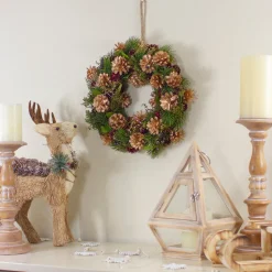 Clearance 12" Green, Gold, and Red Glitter Pinecones Christmas Wreath Unlit