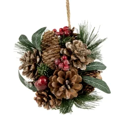 New 6" Green Mixed Foliage, Pinecone and Berries Hanging Christmas Ball Ornament Novelty