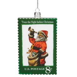Clearance 3.5" Green USPS Santa Stamp "Twas The Night Before Christmas" Glass Christmas Ornament Santa Claus