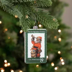 Clearance 3.5" Green USPS Santa Stamp "Twas The Night Before Christmas" Glass Christmas Ornament Santa Claus