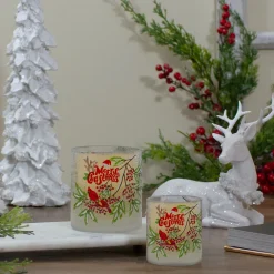 8" Hand Painted Christmas Cardinal and Pine Flameless Glass Christmas Candle Holder Flameless Candles