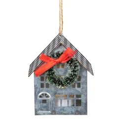 New 3.5" LED Lighted Galvanized House with Wreath Christmas Ornament Novelty