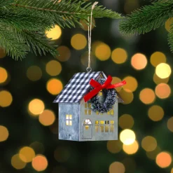 New 3.5" LED Lighted Galvanized House with Wreath Christmas Ornament Novelty