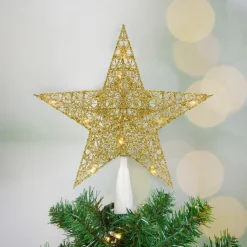 10" LED Lighted Gold Glittered Star Christmas Tree Topper, Warm White Lights Stars