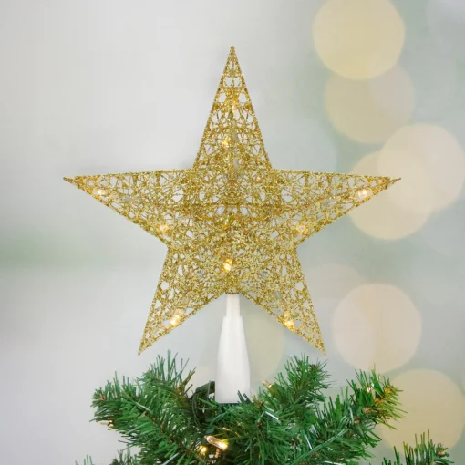 10" LED Lighted Gold Glittered Star Christmas Tree Topper, Warm White Lights Stars