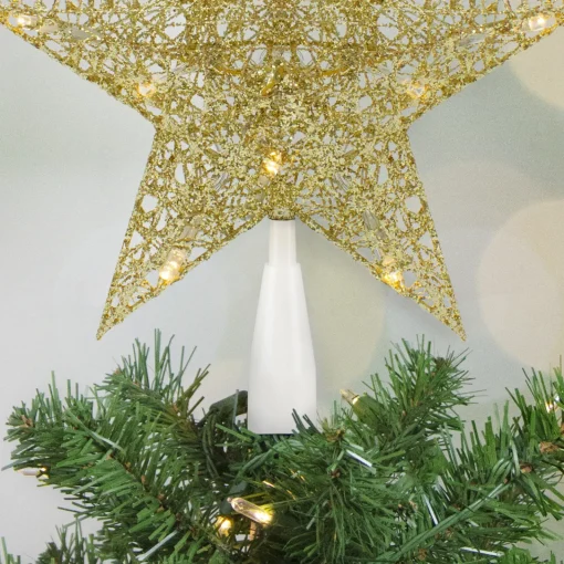 10" LED Lighted Gold Glittered Star Christmas Tree Topper, Warm White Lights Stars