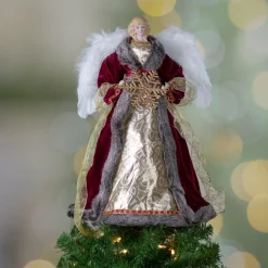 Discount 18" Lighted Red and Gold Angel in a Dress Christmas Tree Topper - Warm White Lights Angels