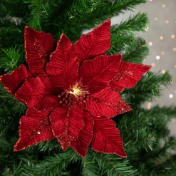 20" Lighted Red Velvet Poinsettia Christmas Stem Spray Sprays, Picks & Branches