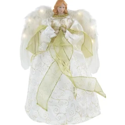 Best 14" Lighted White and Gold Angel in a Dress Christmas Tree Topper - Warm White Lights Angels