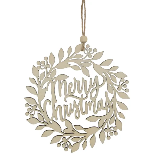 8" Natural "Merry Christmas" Wooden Wreath Ornament Novelty
