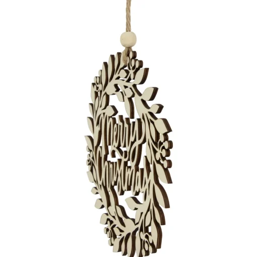 8" Natural "Merry Christmas" Wooden Wreath Ornament Novelty