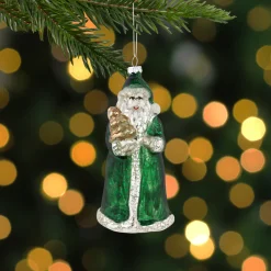 New 5.5" Nordic Green and Silver Santa Hanging Glass Christmas Ornament Santa Claus