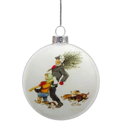 Online 3" Norman Rockwell 'Bringing Home The Tree' Glass Christmas Disc Ornament Disk Ornaments
